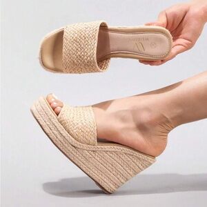 Woven Platform Open Toe Slide Wedge Heel Sandals